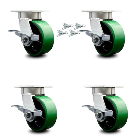 Service Caster 5 Inch Kingpinless Green Poly on Steel Wheel Caster Set Brake and Swivel Lock SCC-KP30S520-PUR-GB-SLB-BSL-4